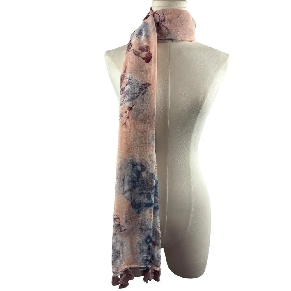 Hinge Floral Tassel Scarf Shawl Wrap Lightweight Pink & Blue Elegant Womens Acce